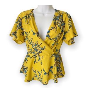 Monteau Los Angeles peplum yellow floral blouse M